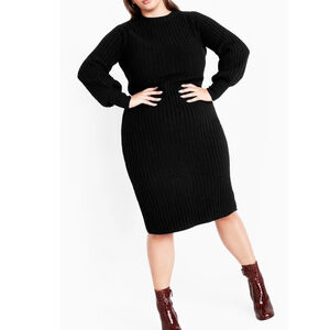 Loralette (Avenue) Plus Size 26/28 Black Ribbed Knit Sweater Dress NWT